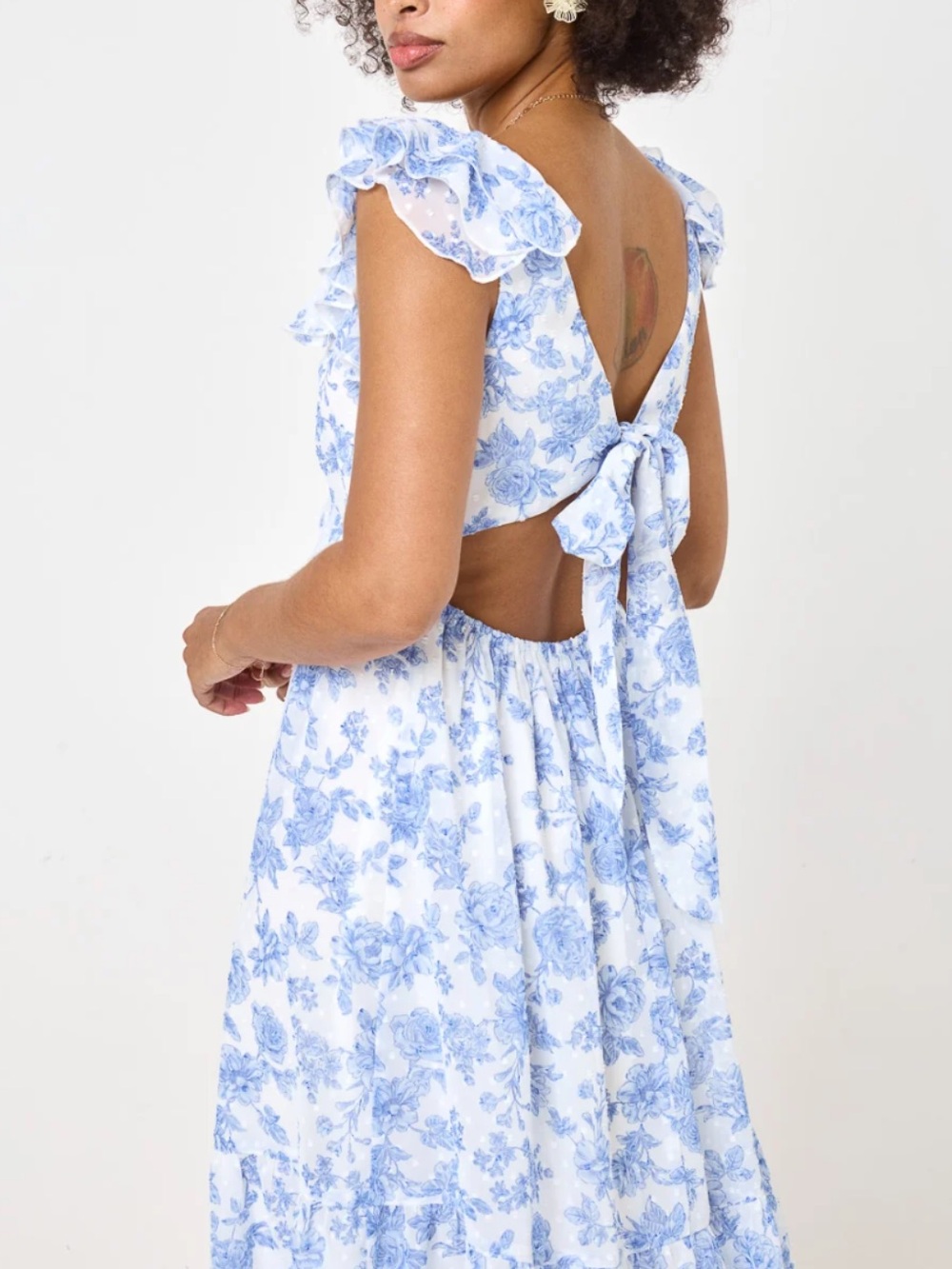 Backless Tie-Back Bow Sleeve White Light Blue Floral Backless Ruffled Midi Dress